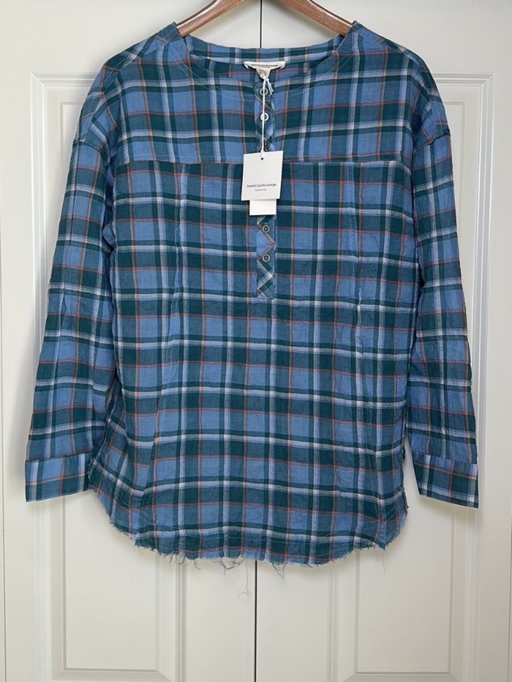 Beachlunchlounge Paris Linen Checkered Shirt Lightweight Cotton sz Small Raw Hem